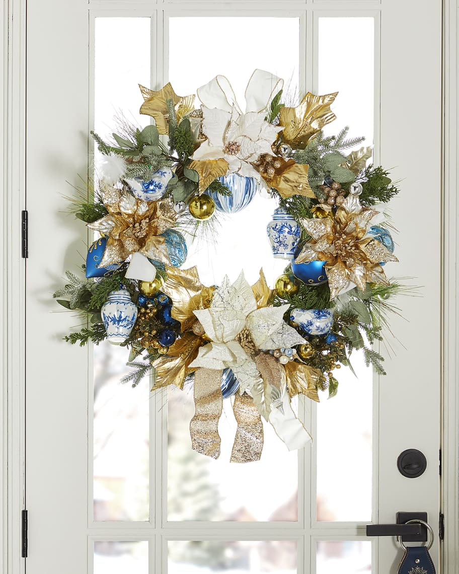 Image 1 of 1: 31" Blue and White Chinoiserie Holiday Wreath 
