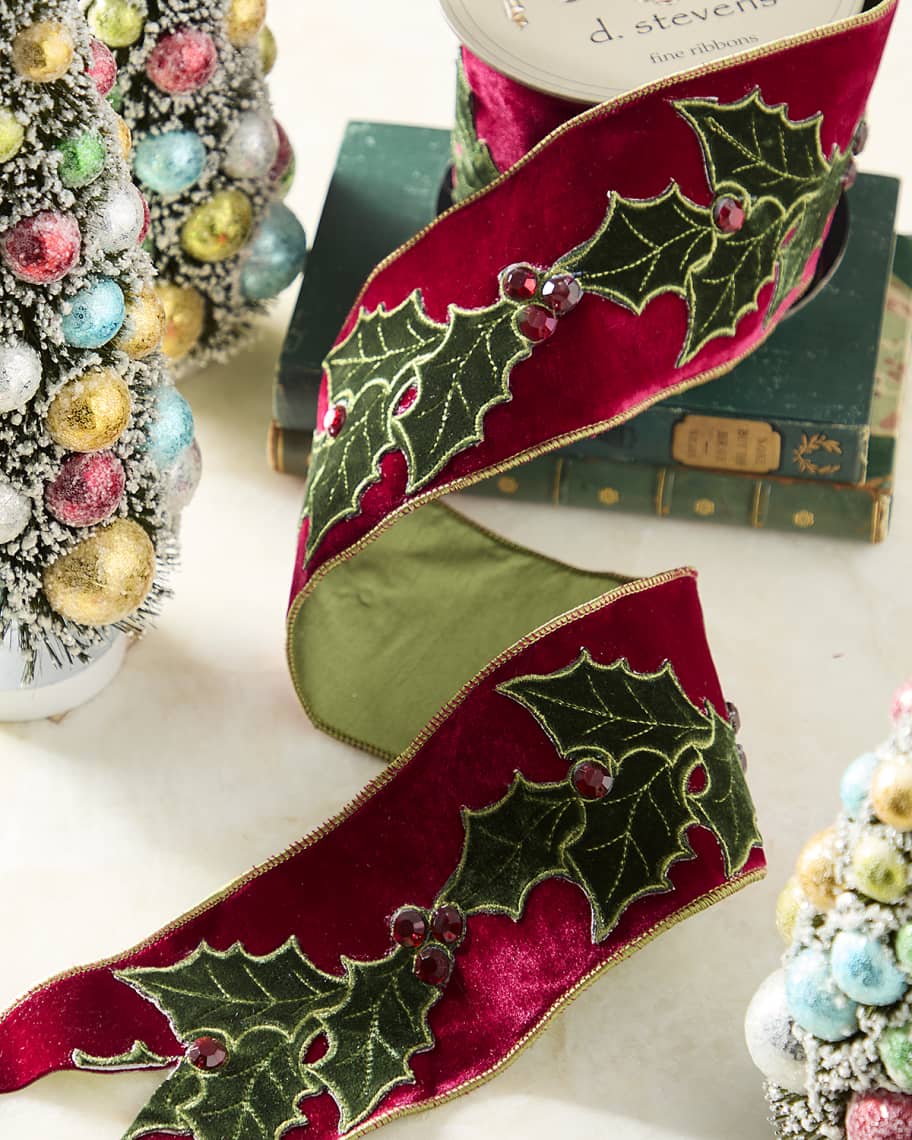 Image 1 of 1: Velvet Holly Jewel Berry Embroidered Ribbon, 4" X 5 Yards