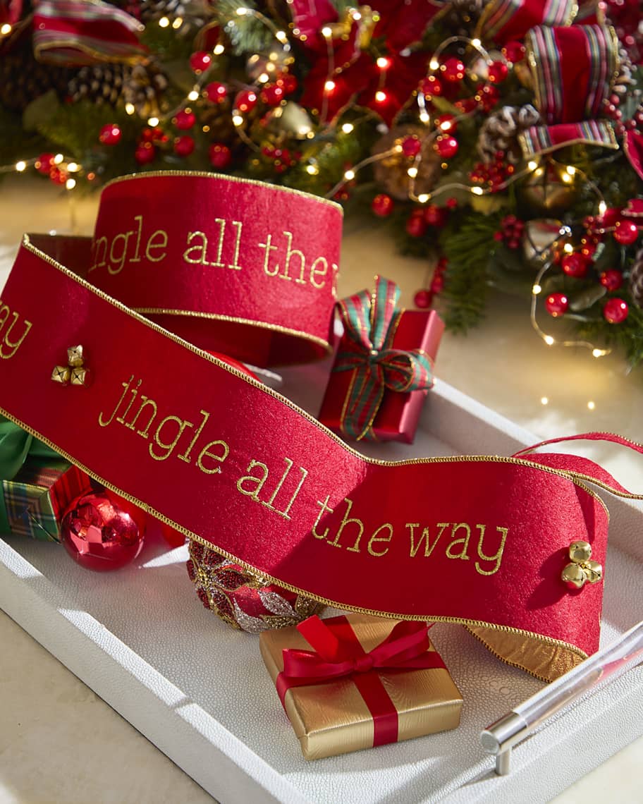 Image 1 of 1: Embroidered Felt Jingle All the Way Ribbon with Bells, 4" x 5 Yards