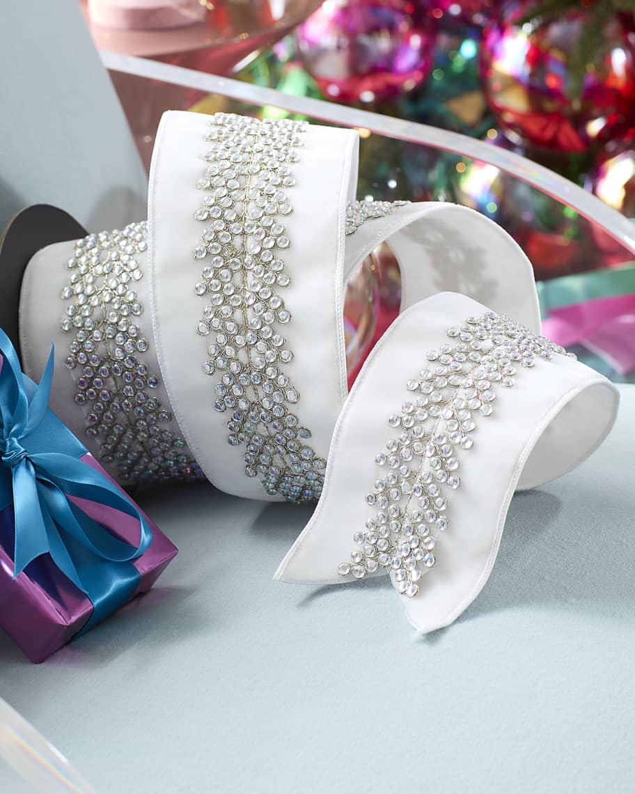 Image 1 of 1: Winter White Aurora Borealis Bead Center Trim Ribbon, 4"W x 5 Yards