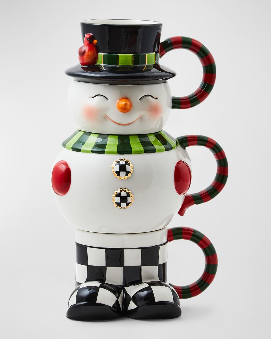 MacKenzie Childs Cozy Christmas Snowman Stacking Mugs Set of 3 Horchow