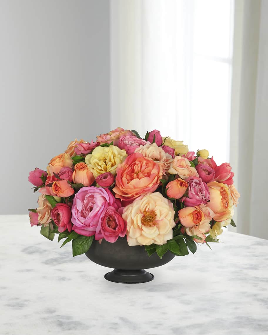 Image 1 of 1: Roses & Ranunculus 21" Faux Floral Arrangement in a Metal Bowl