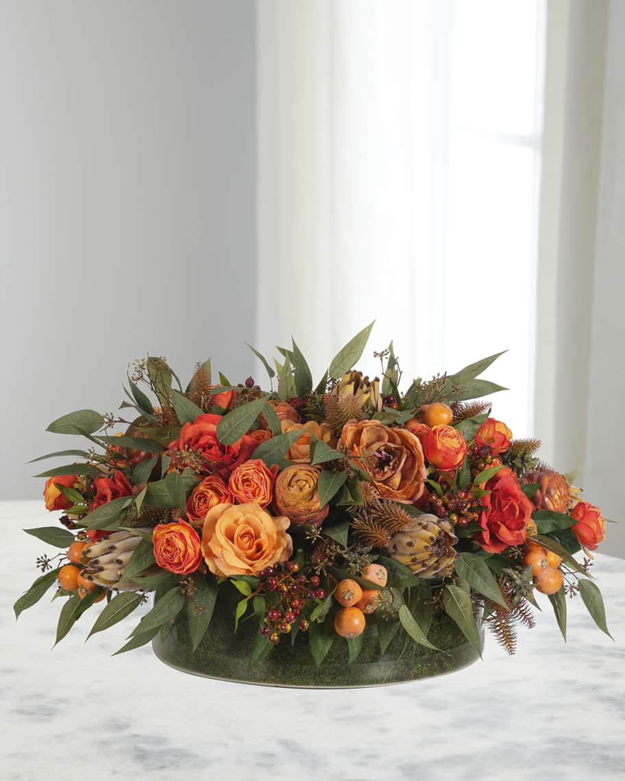 Image 1 of 1: Roses & Proteas 28" Faux Floral Arrangement in a Moss Glass Bowl