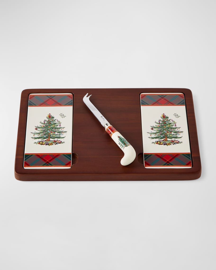 Image 2 of 3: Christmas Tree Tartan Cheese Board & Knife Set
