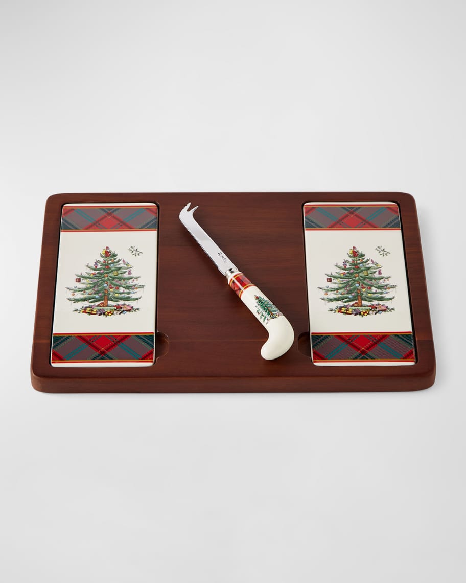 Image 1 of 3: Christmas Tree Tartan Cheese Board & Knife Set