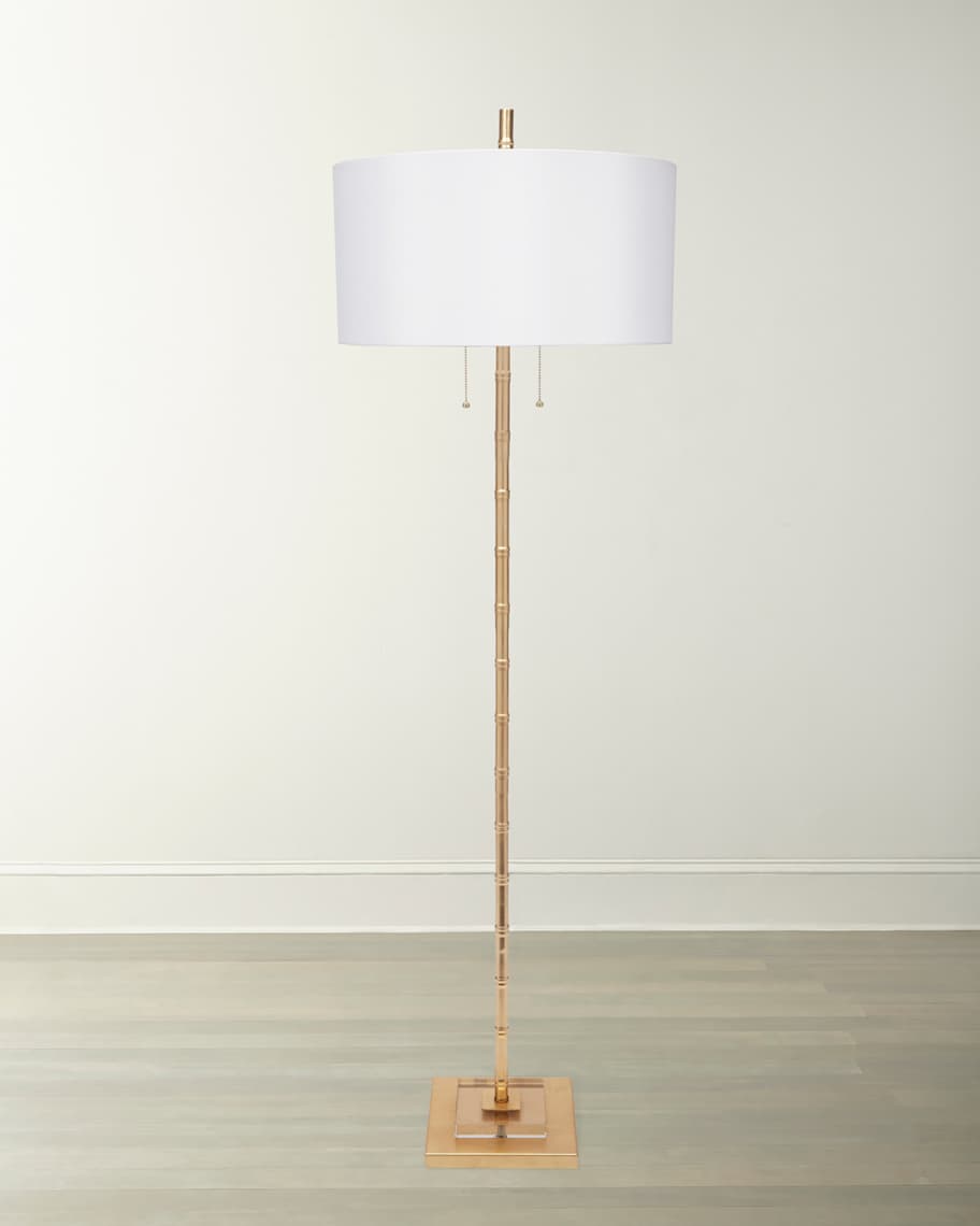 Image 2 of 2: Sheffler Gold Leaf Bamboo Floor Lamp with Linen Shade