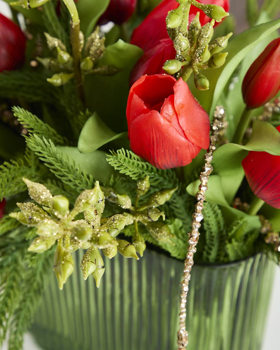 Image 3 of 3: Red Tulips 17" Faux Floral Arrangement in Green Glass Vase