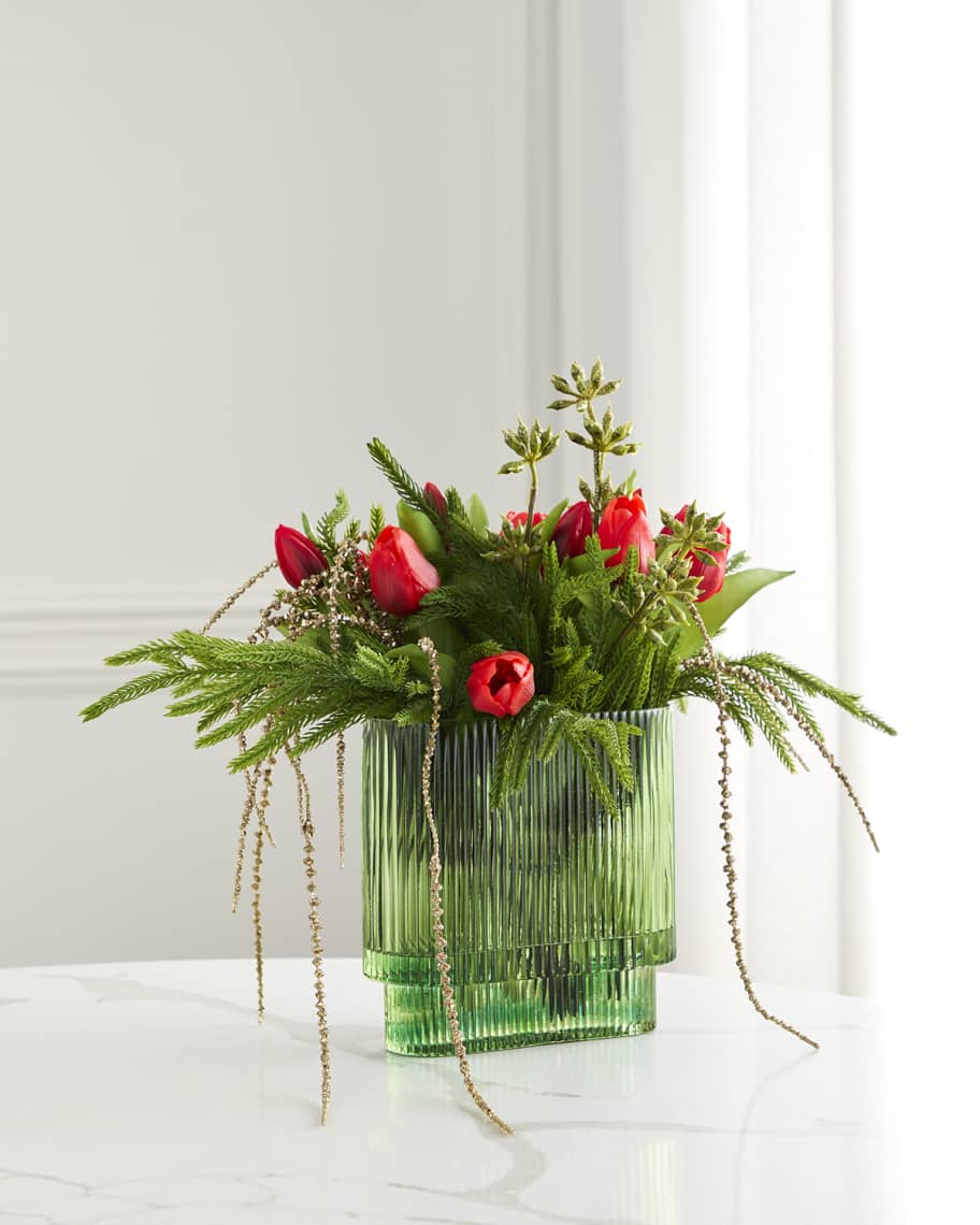 Image 1 of 3: Red Tulips 17" Faux Floral Arrangement in Green Glass Vase
