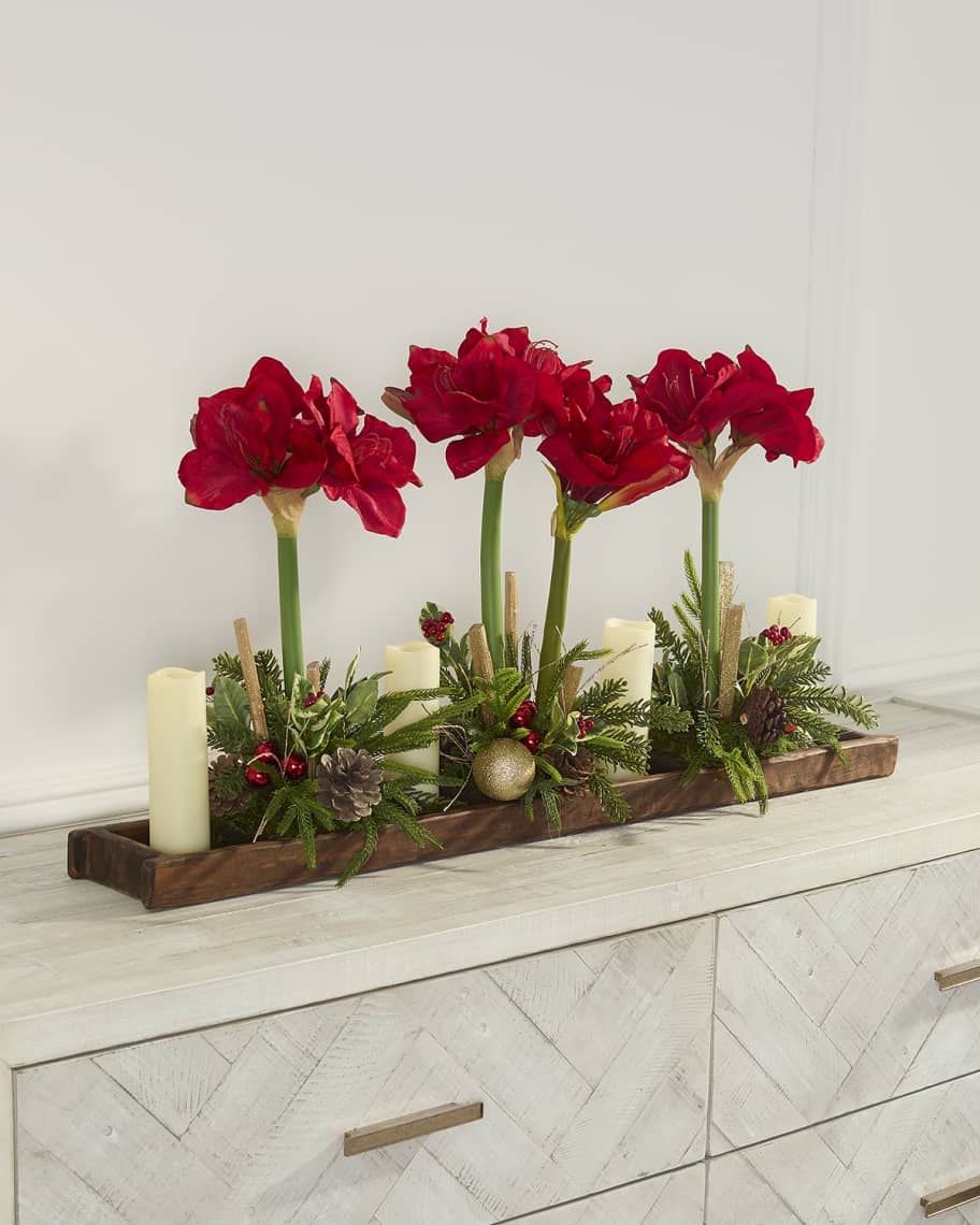 Image 1 of 6: Amaryllis 37" Faux Floral Arrangement in Wood Tray with Candles
