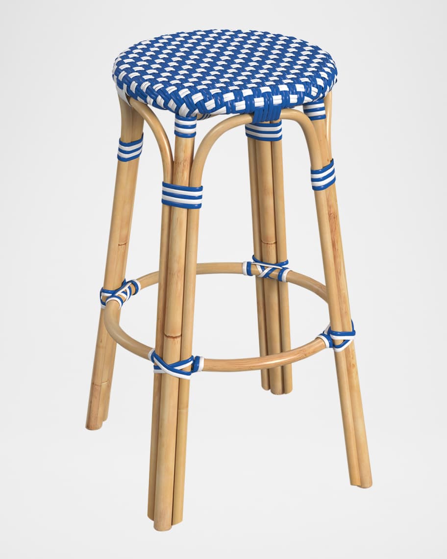 Image 1 of 5: Tobias 30" Rattan Bar Stool, Bright Blue/White Dot