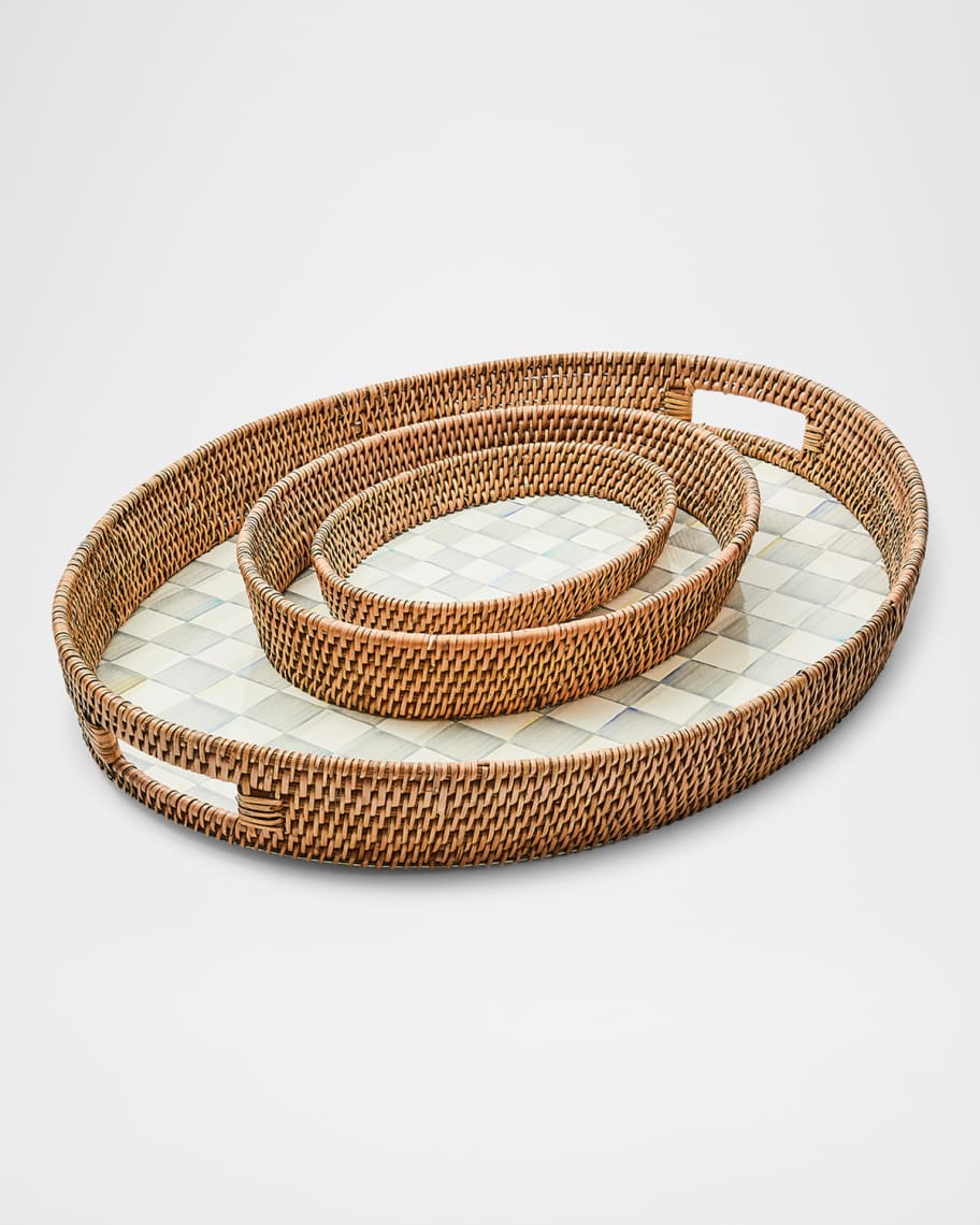 Image 3 of 3: Sterling Check Large Enamel Rattan Serving Tray