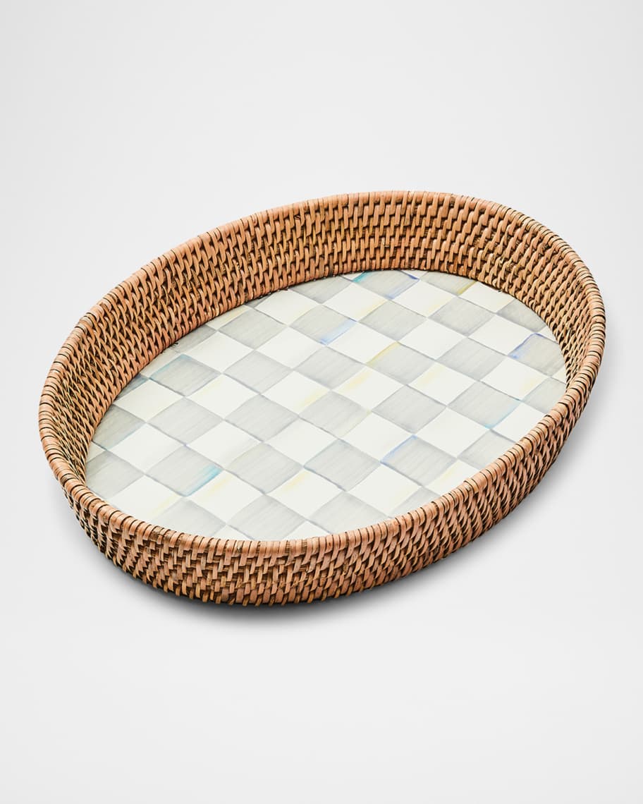 Image 1 of 3: Sterling Check Large Enamel Rattan Serving Tray
