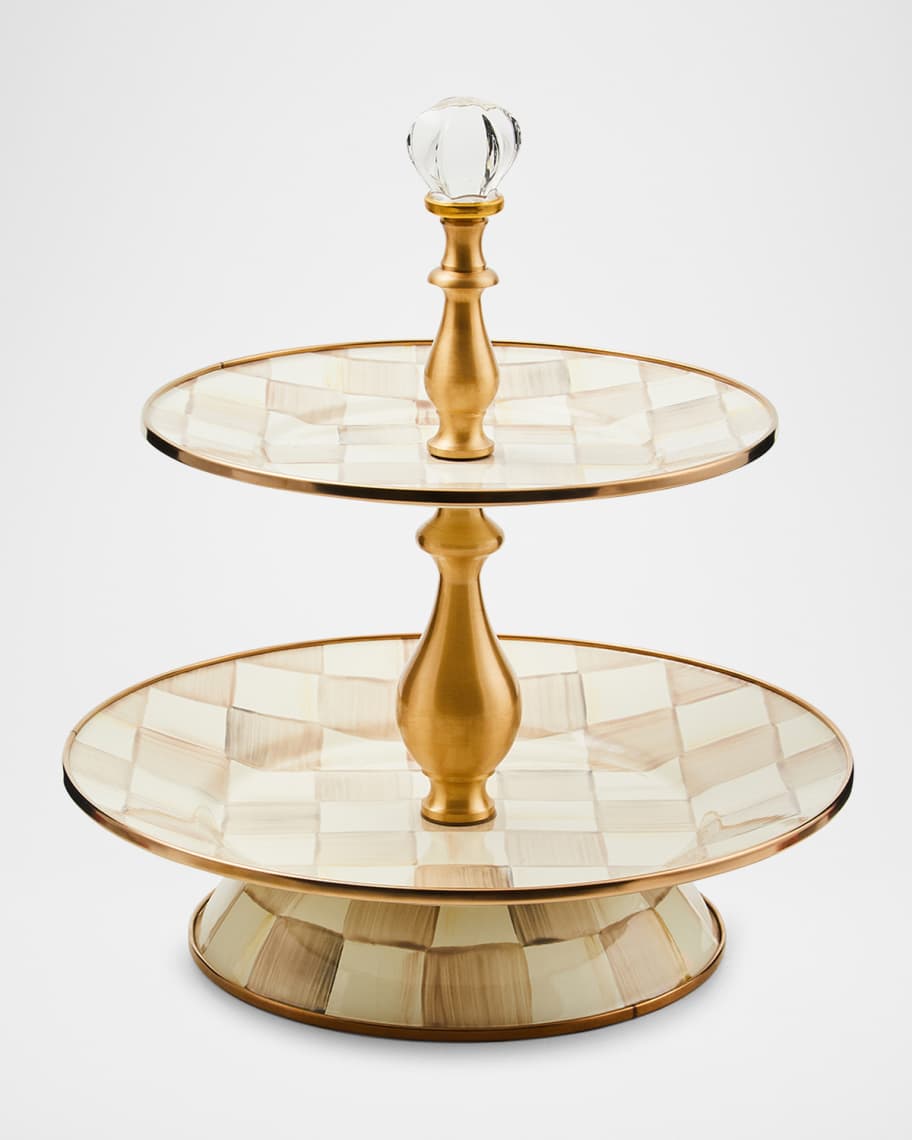 Image 1 of 3: Mocha Check Two-Tier Sweet Stand