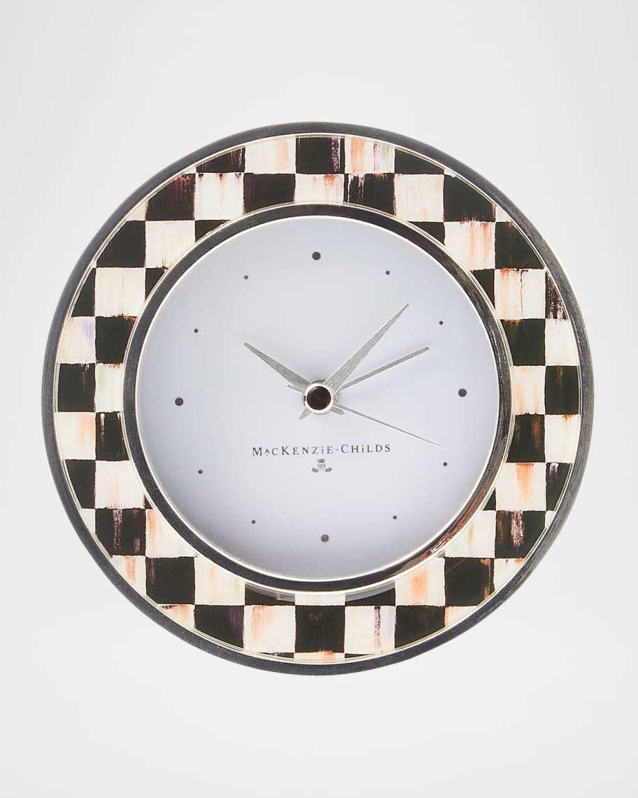 MacKenzie Childs Courtly Check Silver Plated Round Desk Clock Horchow