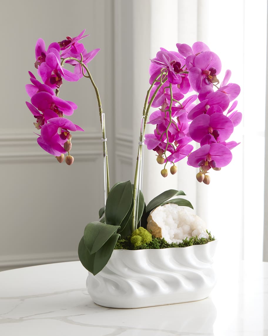 Image 2 of 5: Triple Orchid with Quartz 23" Faux Floral Arrangement in Ripple Vase