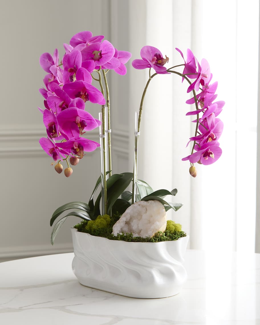 Image 3 of 5: Triple Orchid with Quartz 23" Faux Floral Arrangement in Ripple Vase