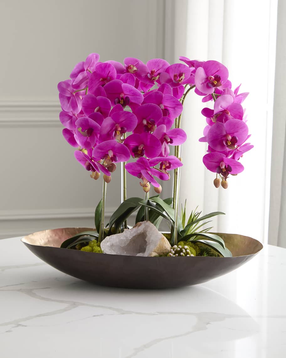 Image 2 of 5: Orchids with Quartz 24" Faux Floral Arrangement in Metal Bowl