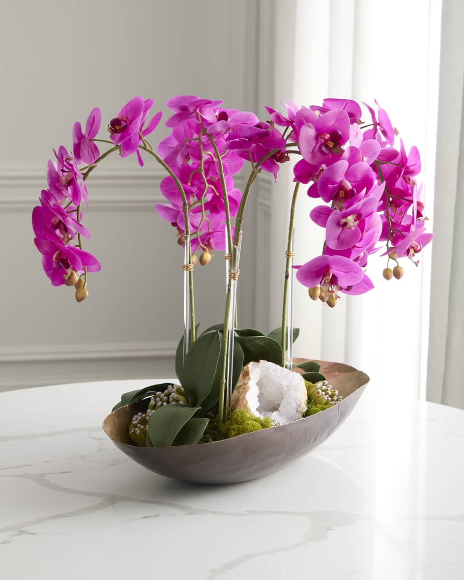 Image 3 of 5: Orchids with Quartz 24" Faux Floral Arrangement in Metal Bowl