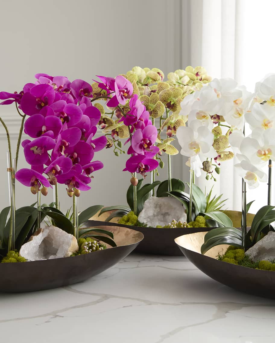 Image 1 of 5: Orchids with Quartz 24" Faux Floral Arrangement in Metal Bowl