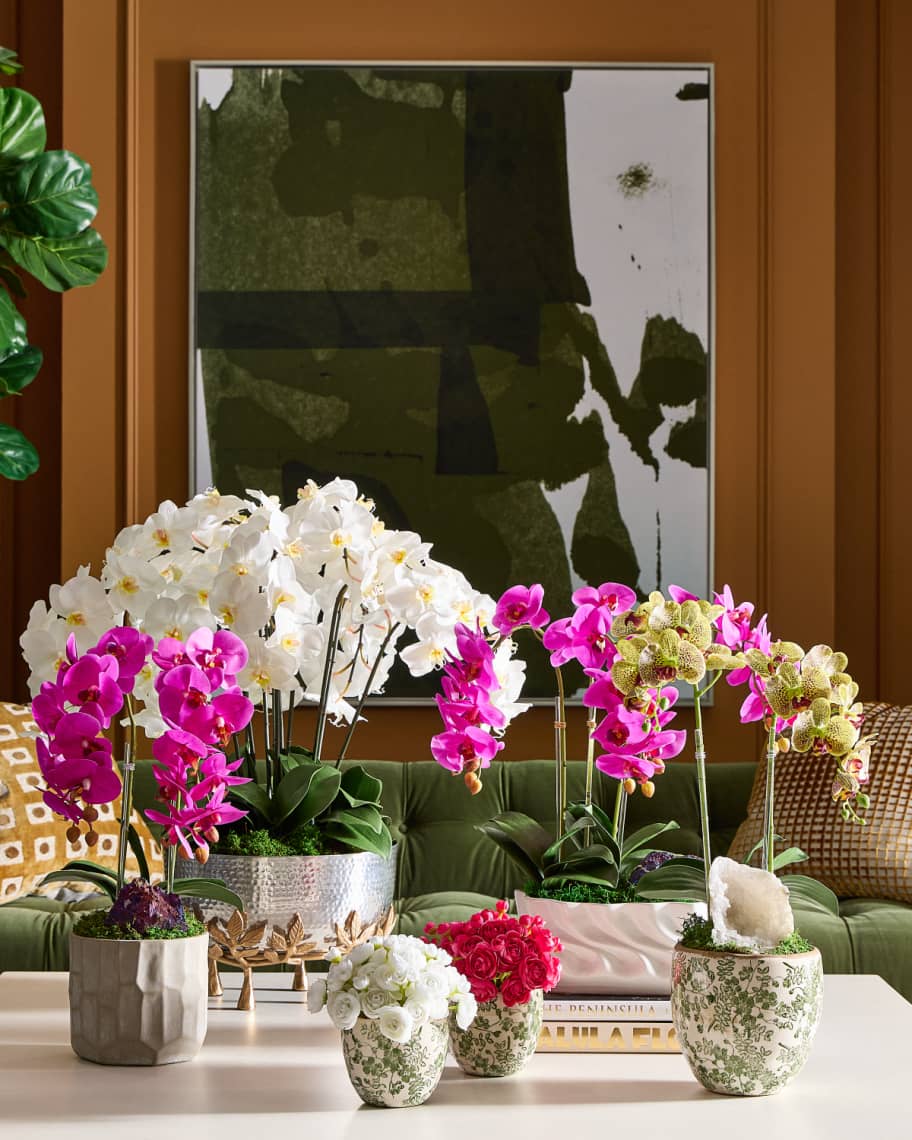 Image 2 of 7: Triple Orchids with Peacock Ore 23" Faux Floral Arrangement in Ripple Vase