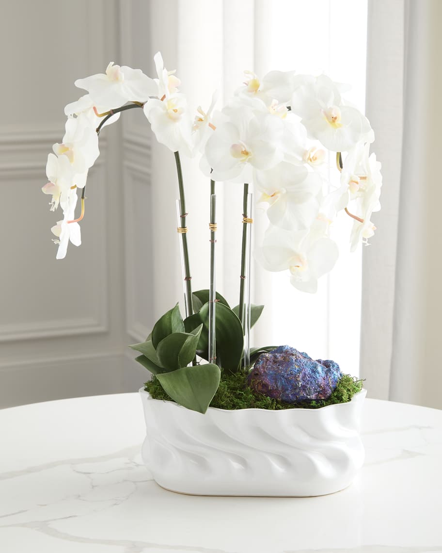 Image 3 of 7: Triple Orchids with Peacock Ore 23" Faux Floral Arrangement in Ripple Vase