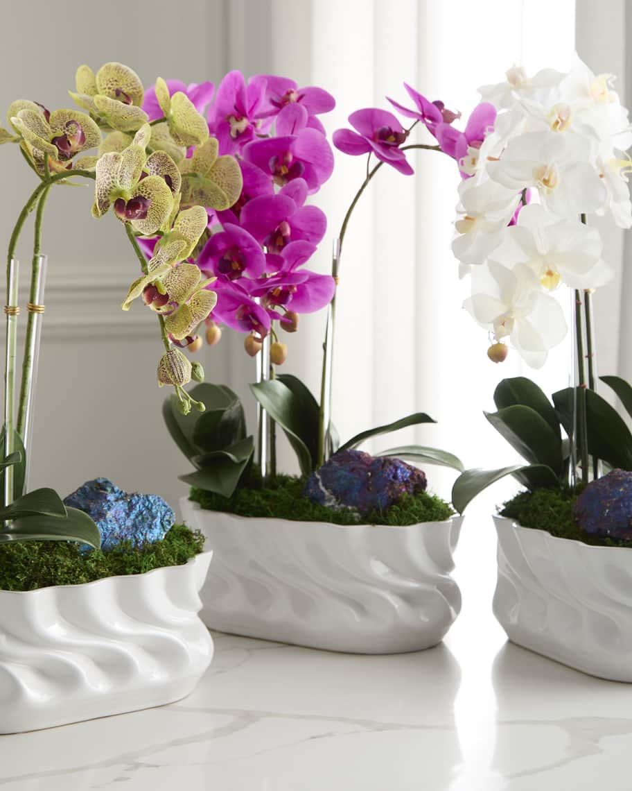 Image 1 of 7: Triple Orchids with Peacock Ore 23" Faux Floral Arrangement in Ripple Vase