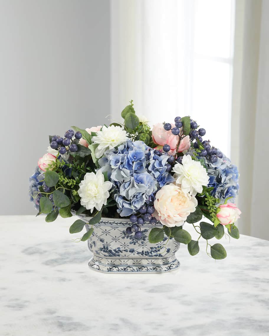 Image 1 of 2: Blue Chinoiserie 22" Faux Floral Arrangement in Ceramic Urn