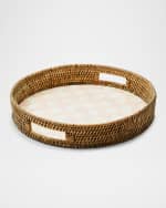 Image 1 of 3: MacKenzie-Childs Rosy Check Enamel & Rattan Round Serving Tray