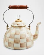 Image 1 of 9: MacKenzie-Childs Mocha Check Tea Kettle, 3 Quarts