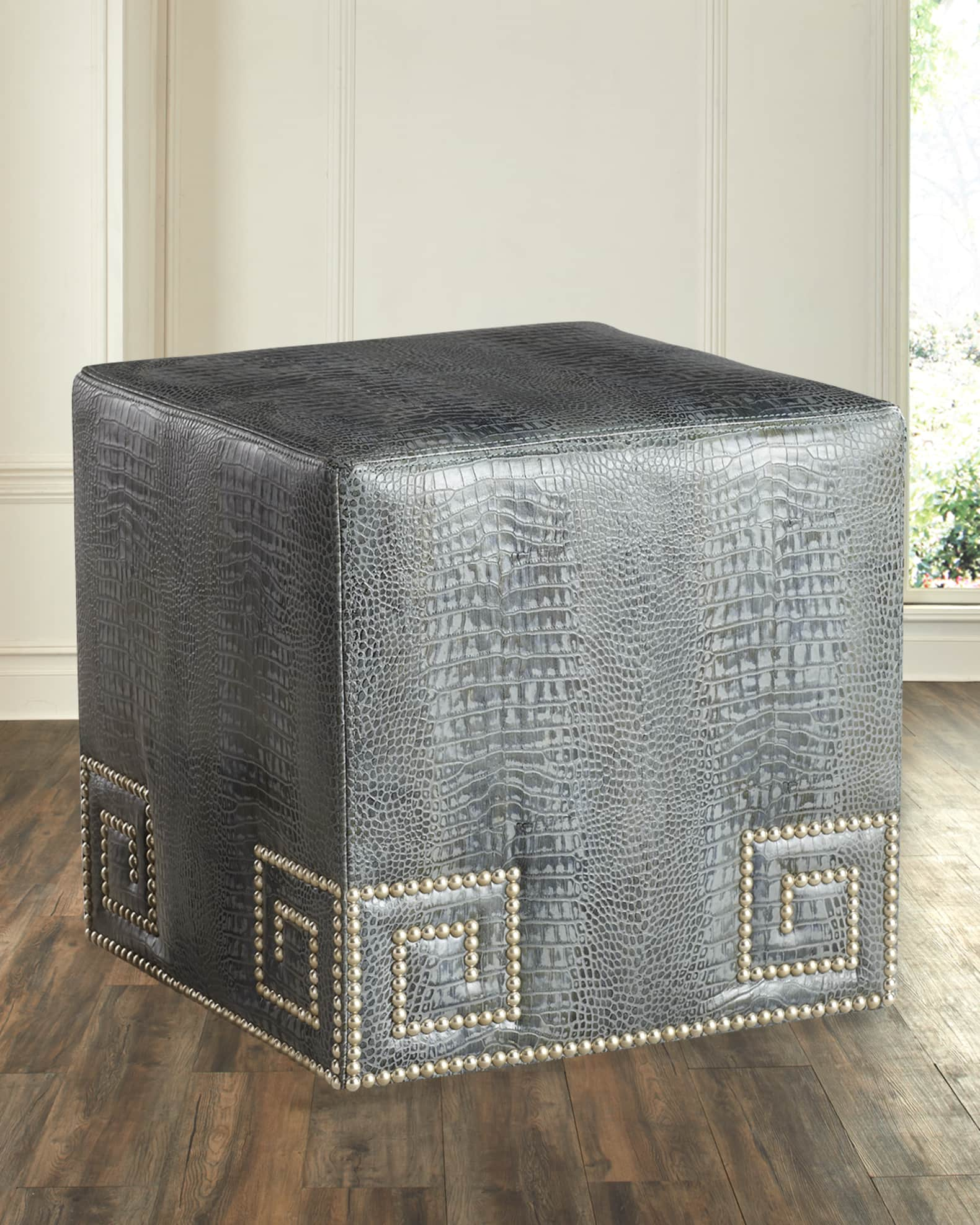 Massoud Chantal Leather Ottoman, Blue