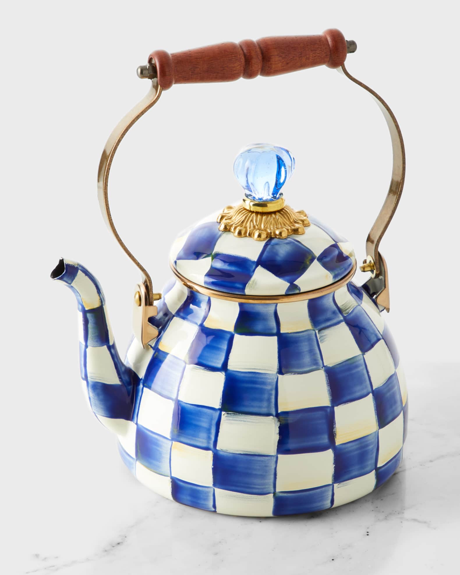 Blue and top white tea kettle