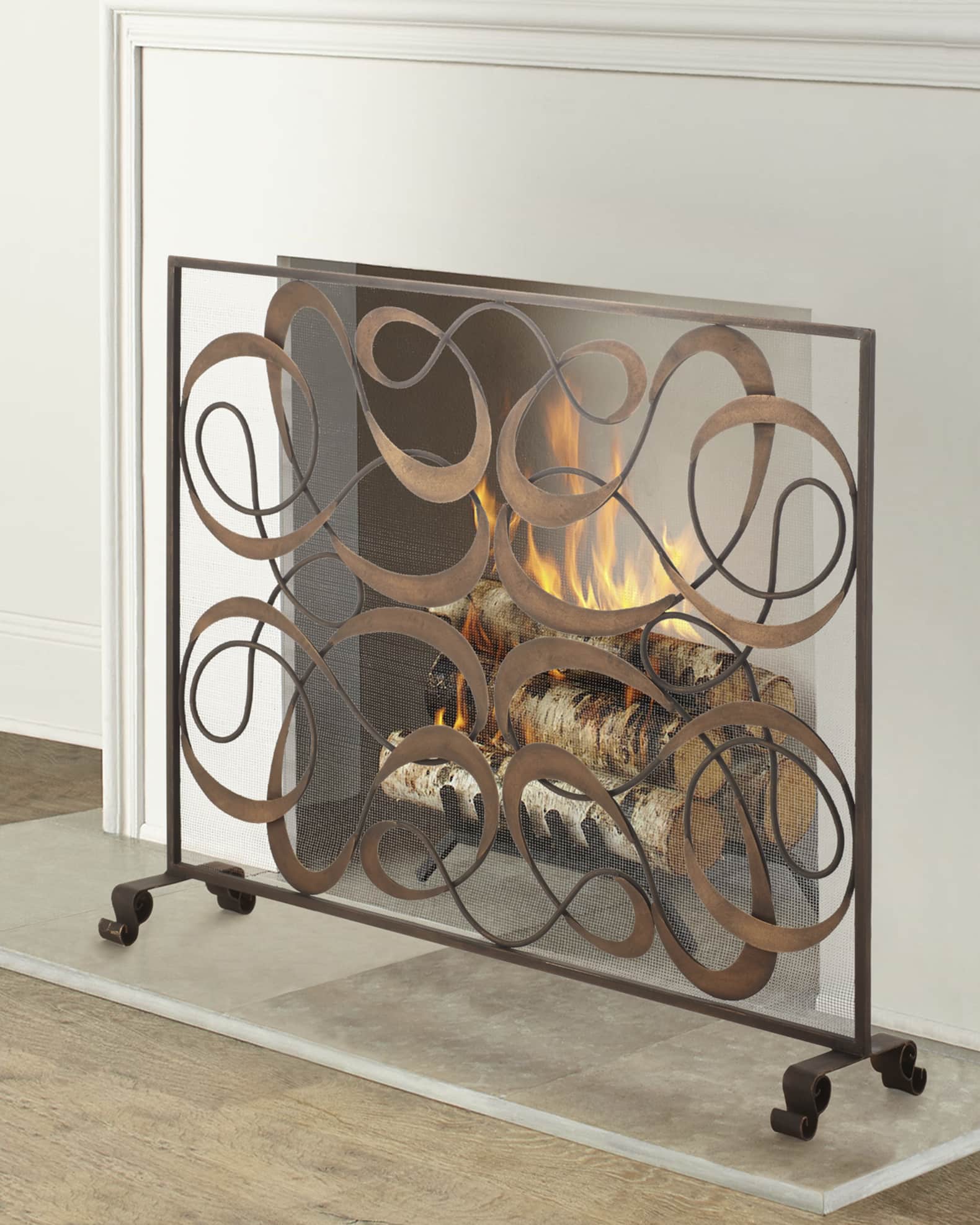 Dark Gold and Brown Iron and Tole Swirl Single Panel Fire Screen with Mesh Backing