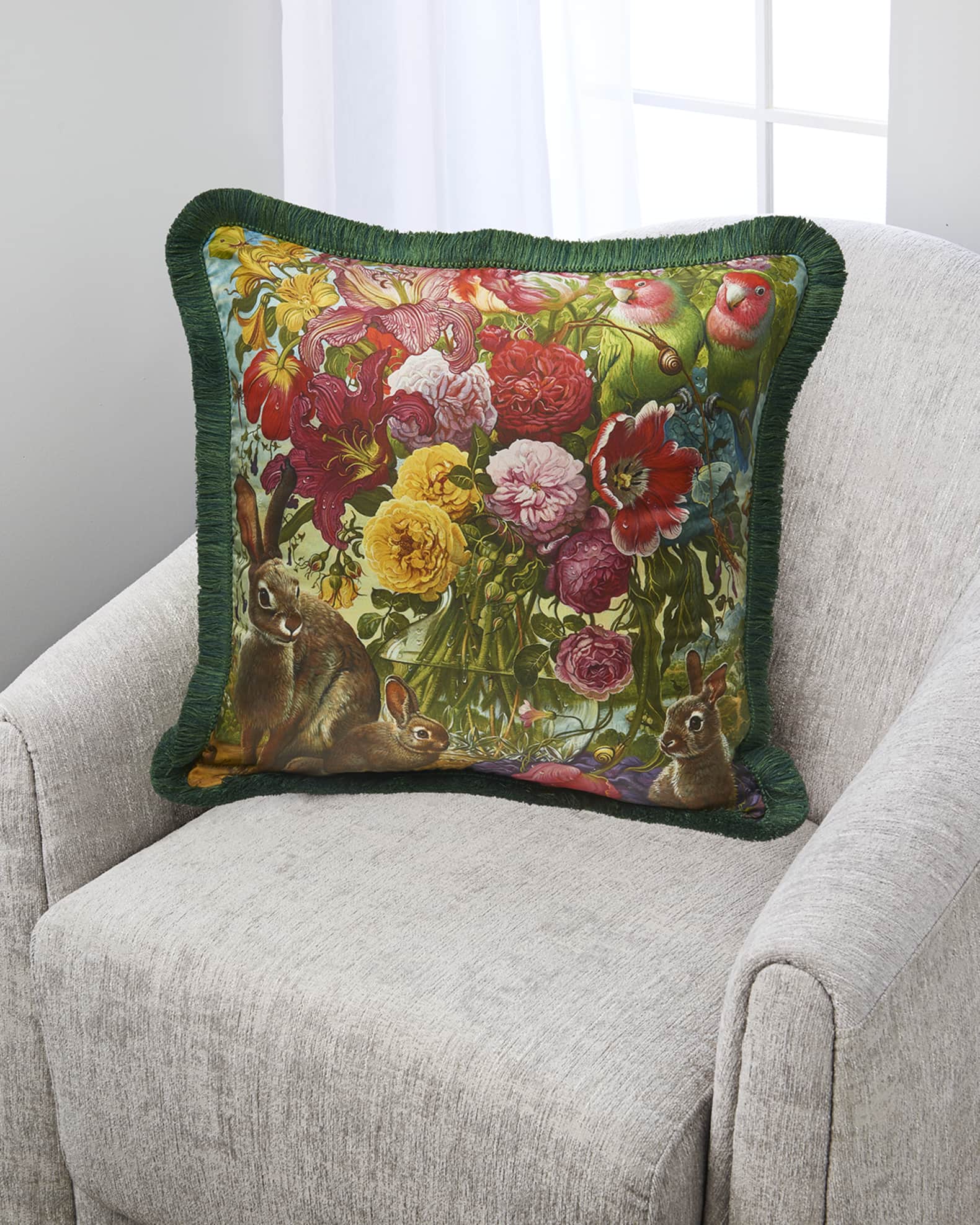 Yana Movchan Floral with Bunnies Fringe Silk Pillow