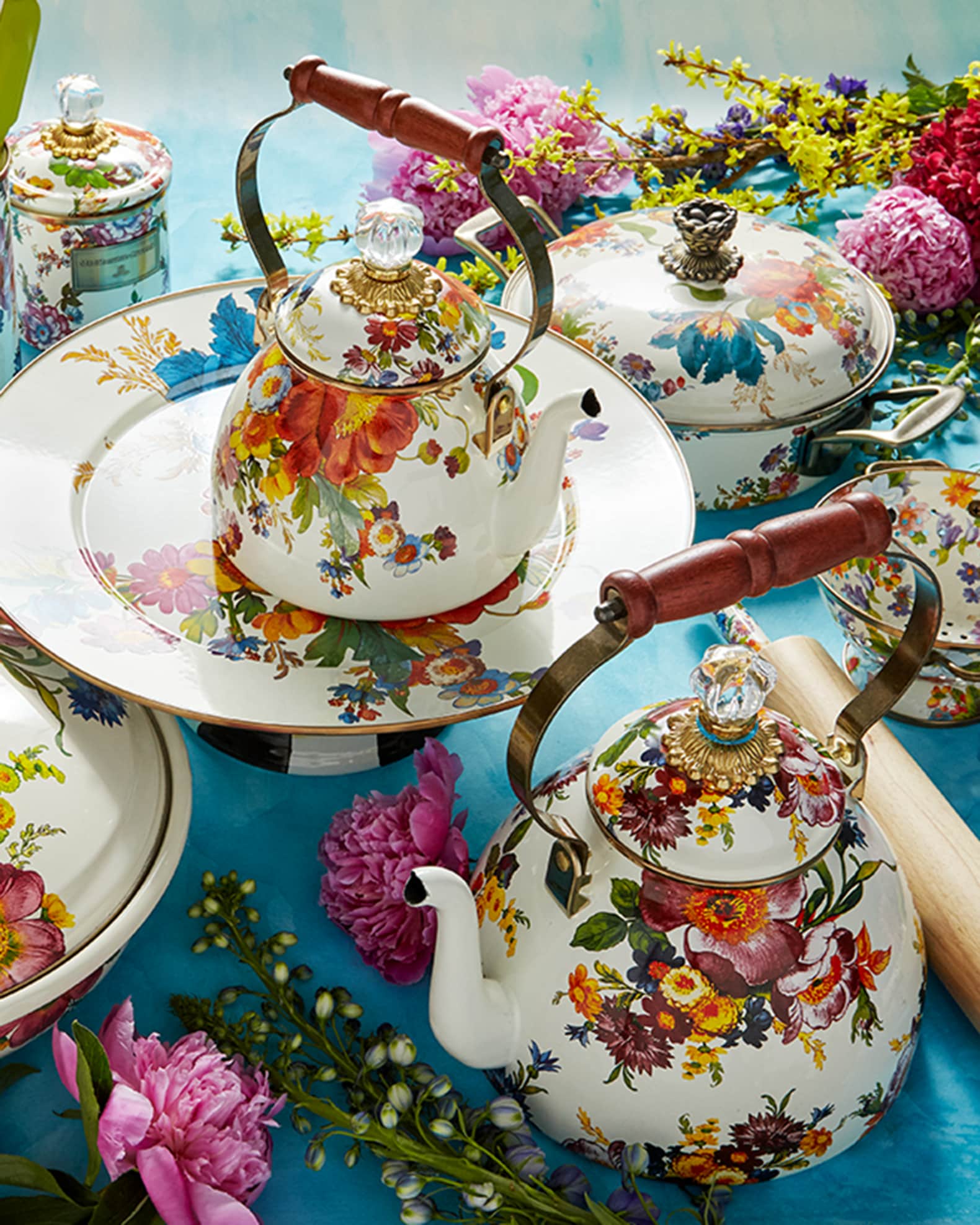 MacKenzie-Childs Flower Market White Two-Quart Tea Kettle