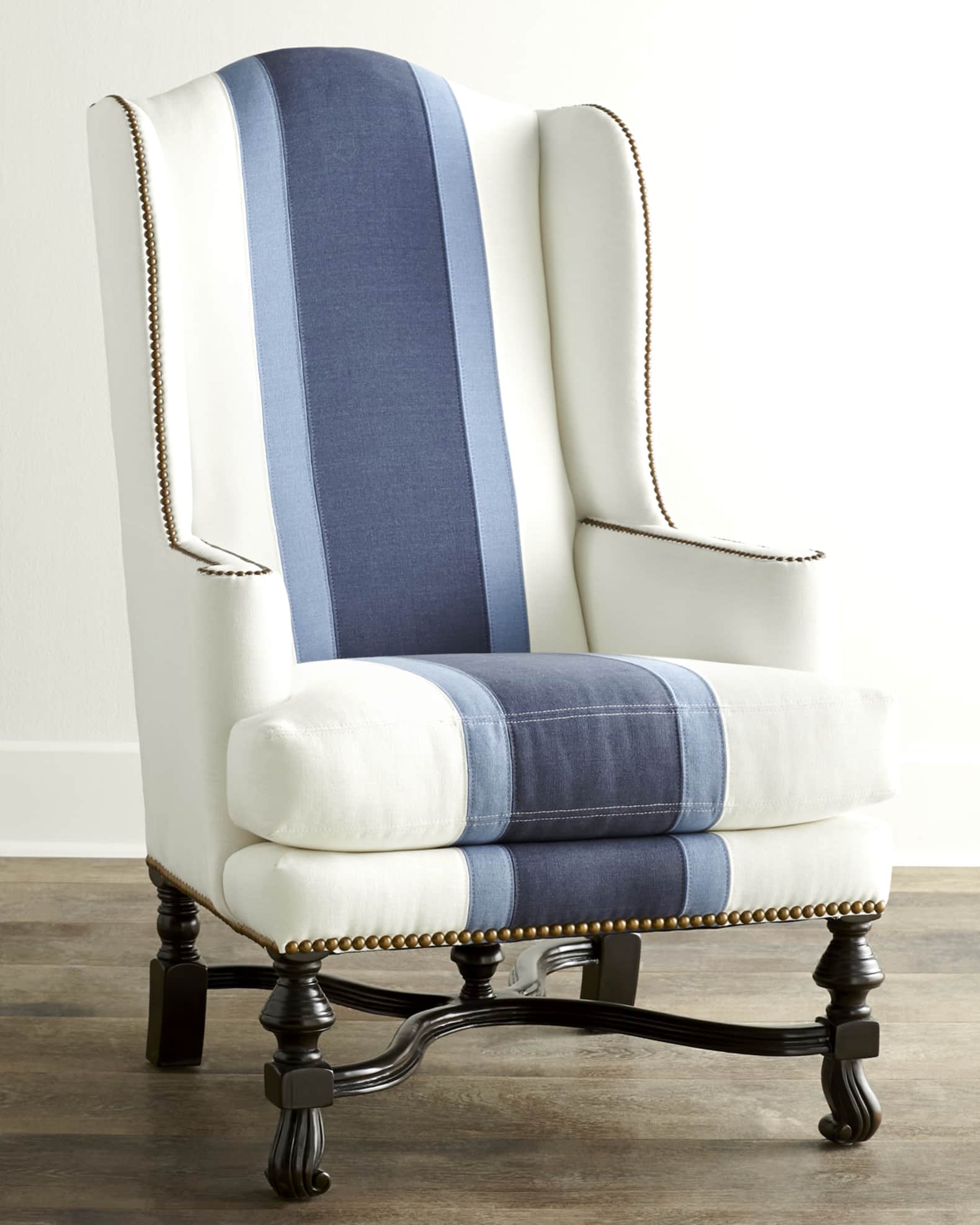 Blue and white wingback chair top