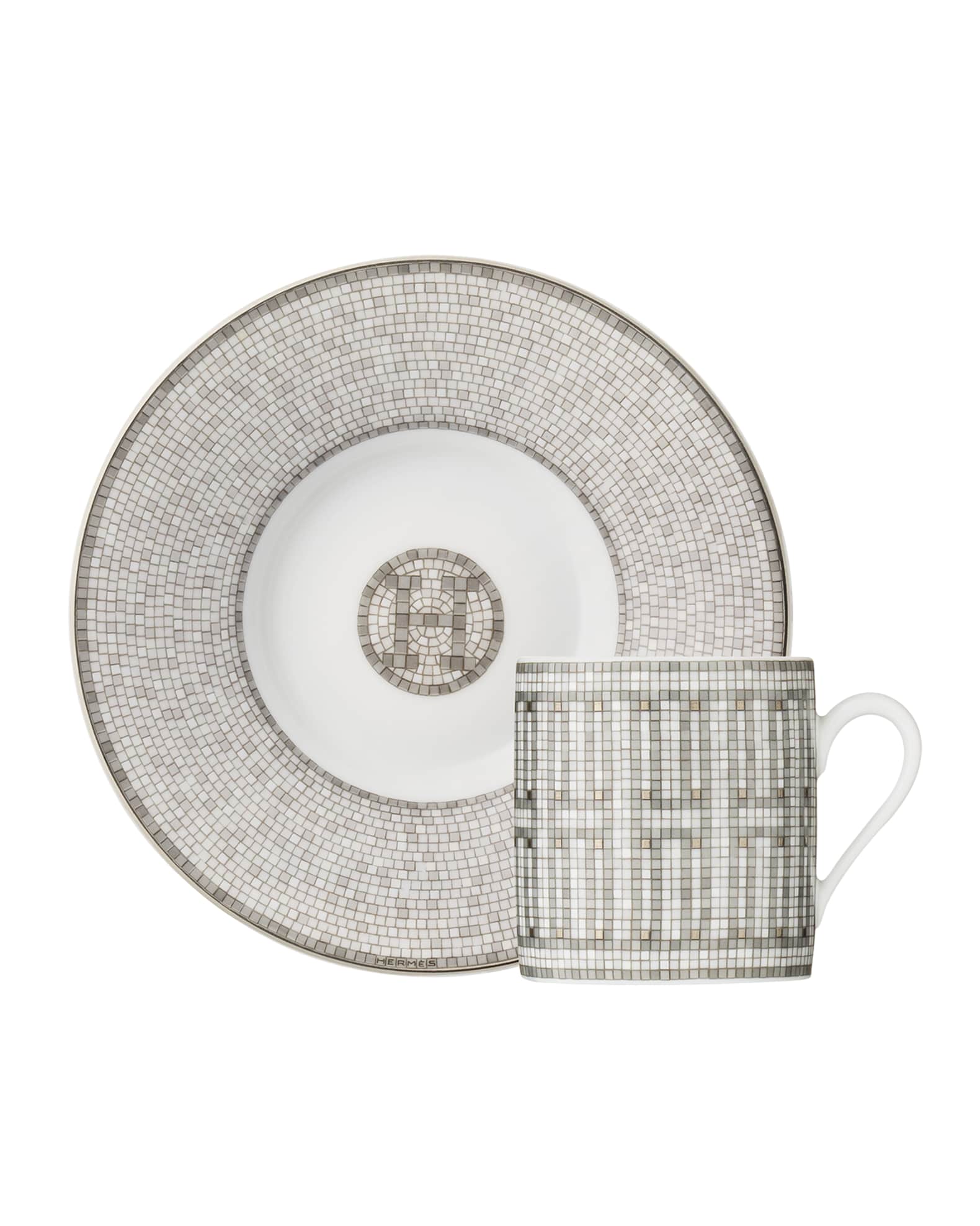 Hermes Mosaique Au 24 Platinum Coffee Cup and Saucer Set