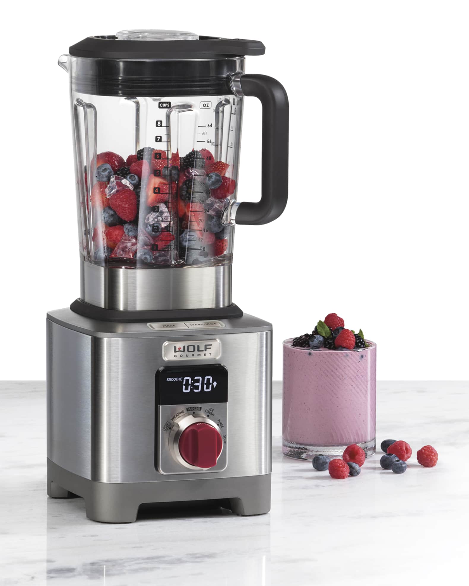 Wolf Gourmet Pro-Performance Blender, 64 oz Jar, 4 Program Settings, 12.5 Amps, Blends Food, Shakes and Smoothies, Red Knob, Stainless Steel