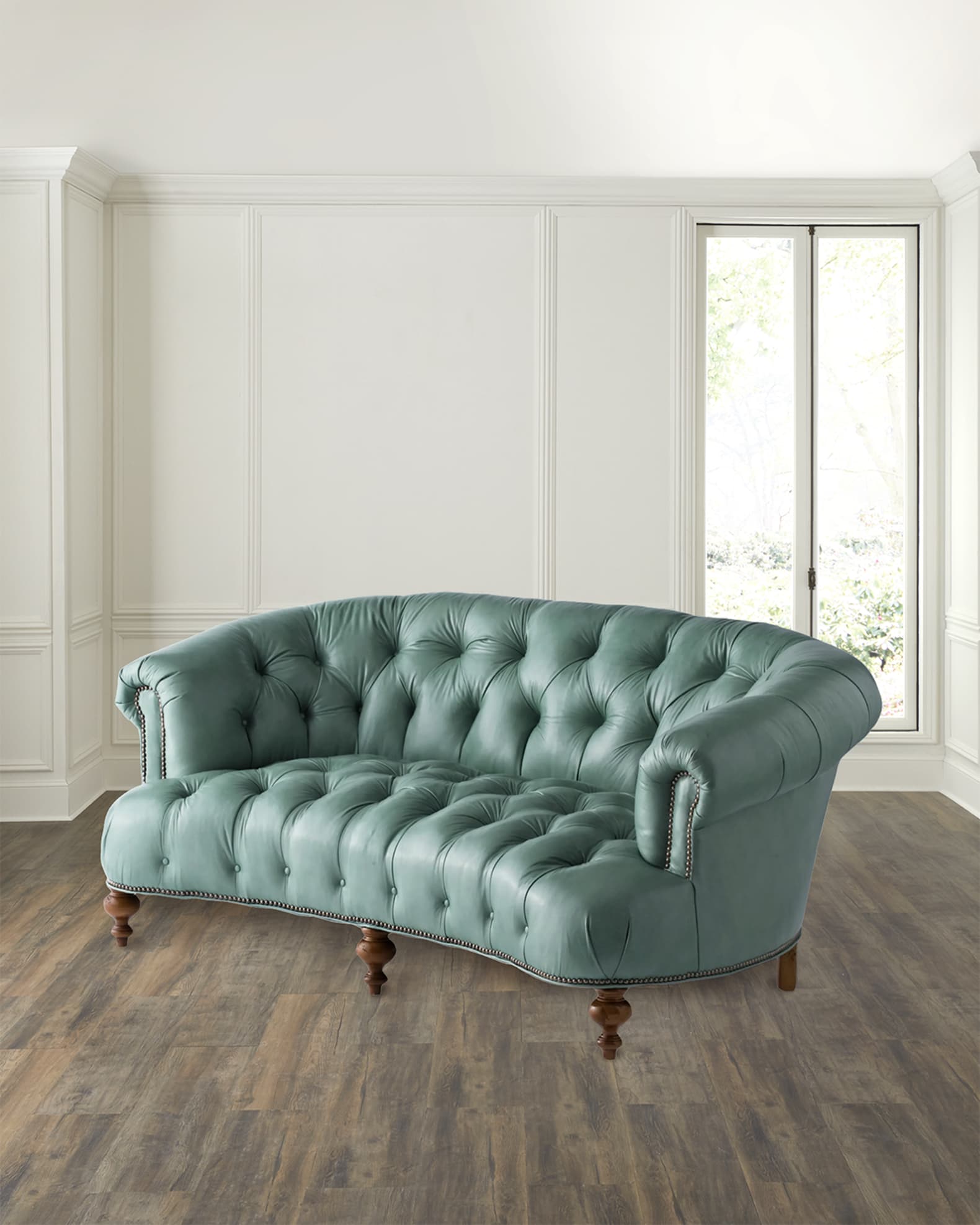 Old Hickory Tannery Turquoise Leather Tufted Sofa 71