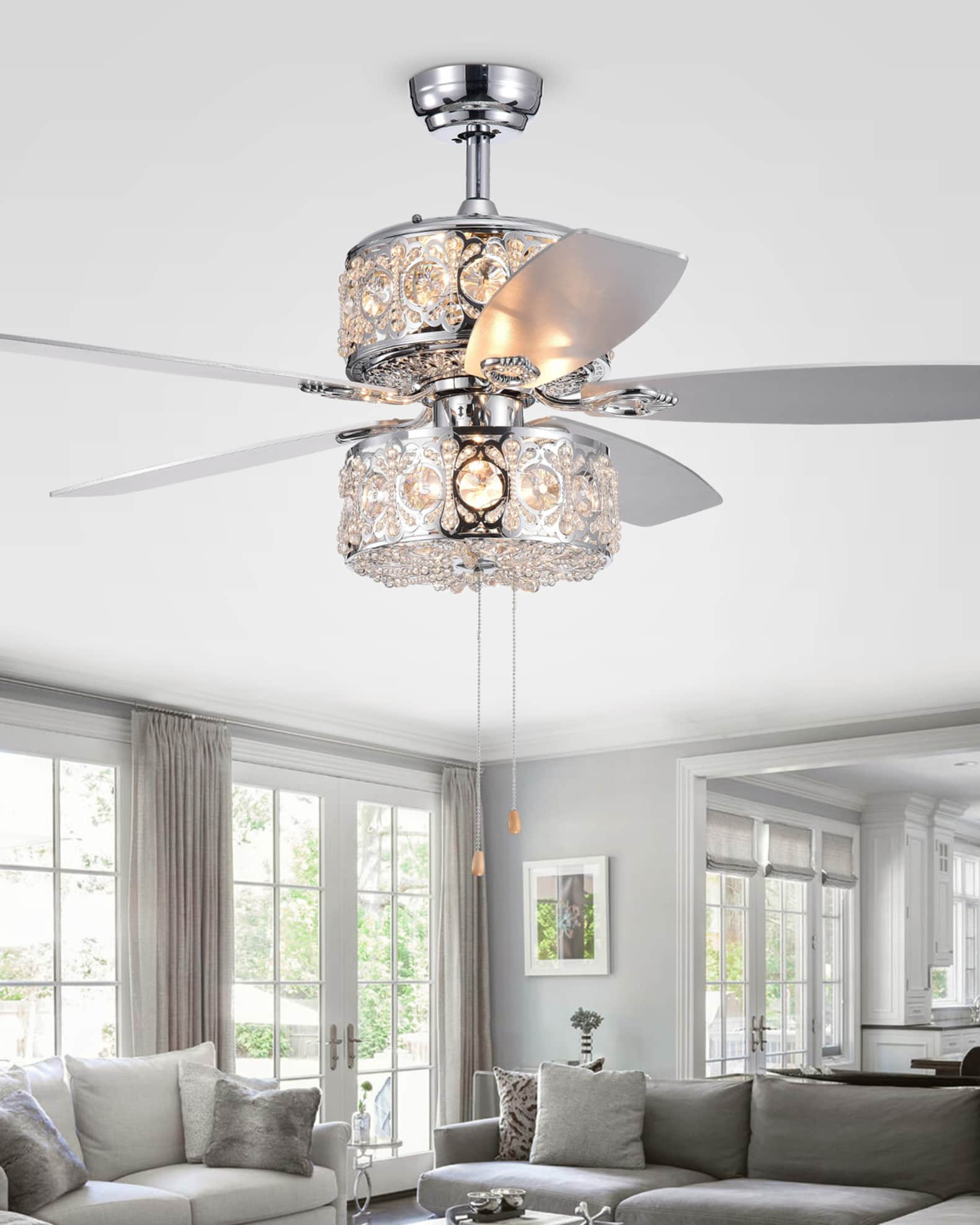 Home Accessories Stacked Crystal Baguette Chandelier Ceiling Fan