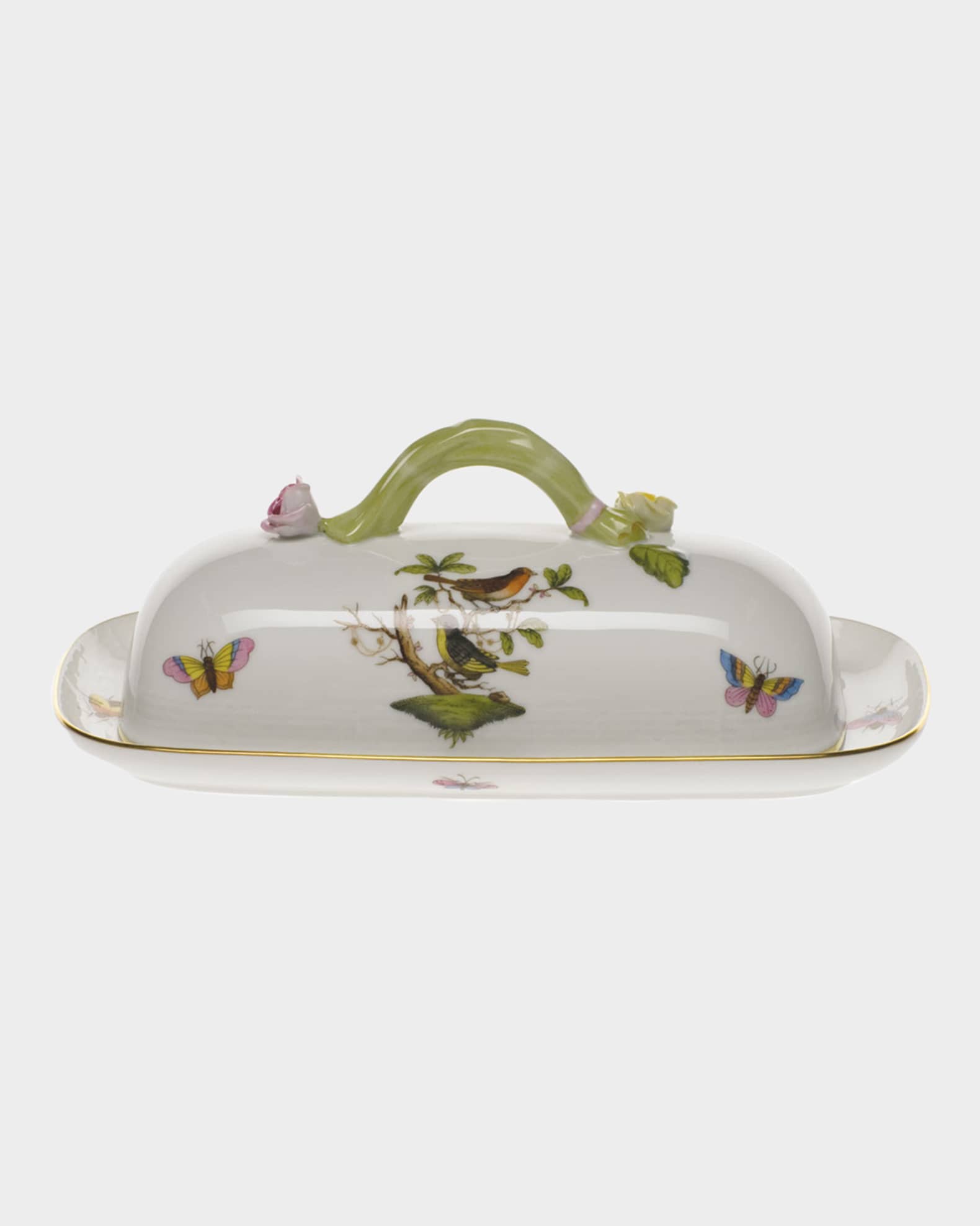 Herend Rothschild Bird Butter Dish with Branch Handle Horchow