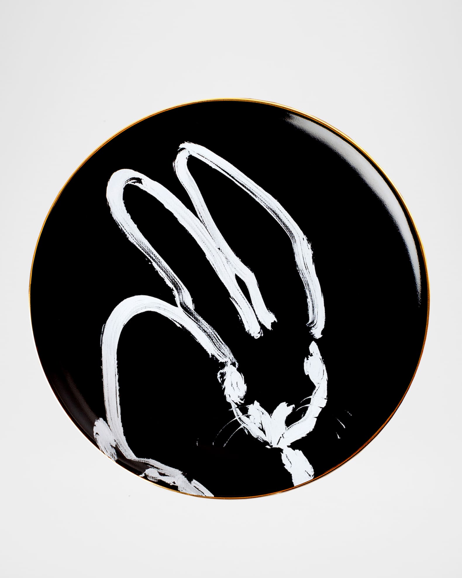 Hunt Slonem Rabbit Run Dinner Plate with Gold Rim - Black