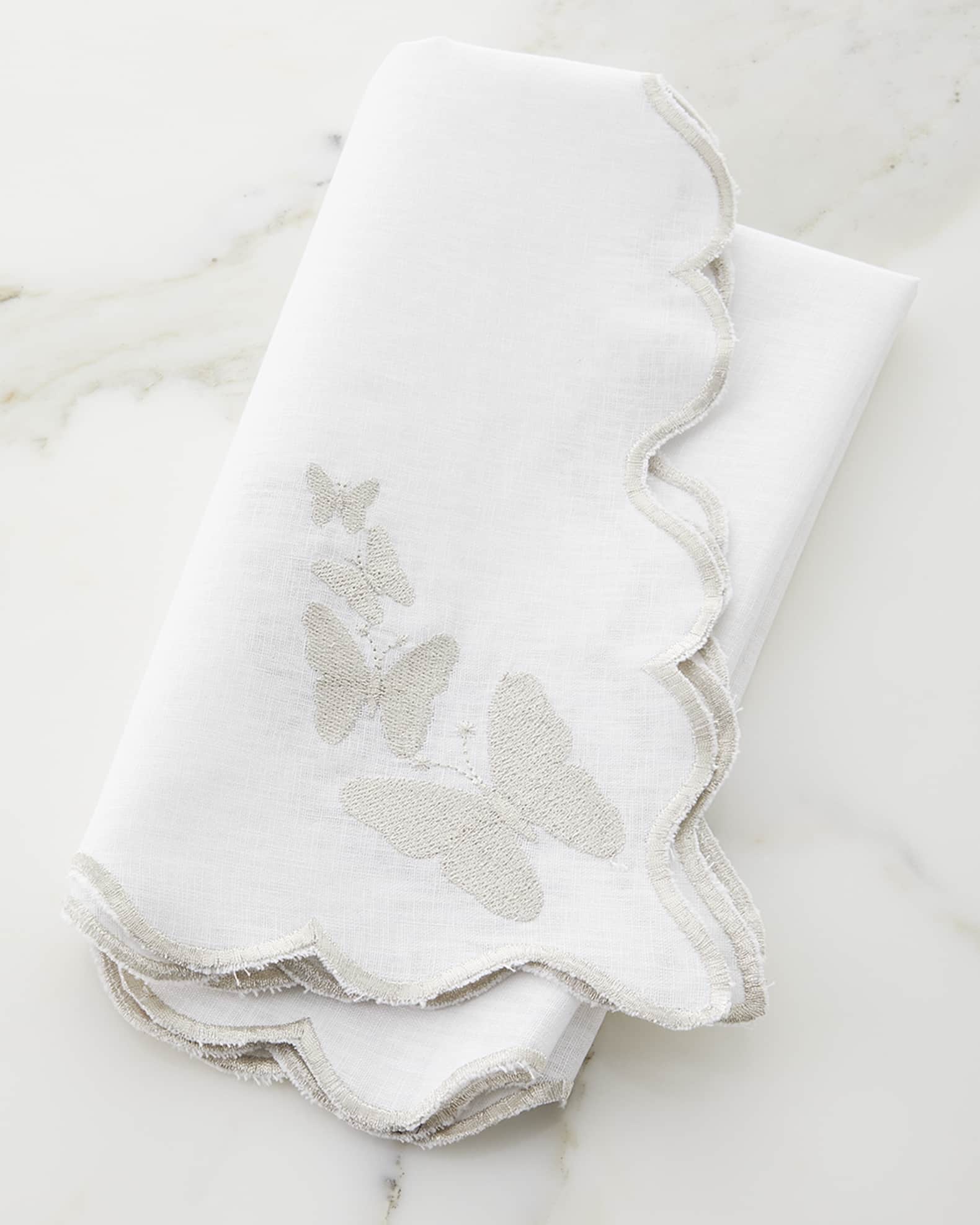 Nomi K White Linen Silver Butterfly Scalloped Edged Embroidered Napkin