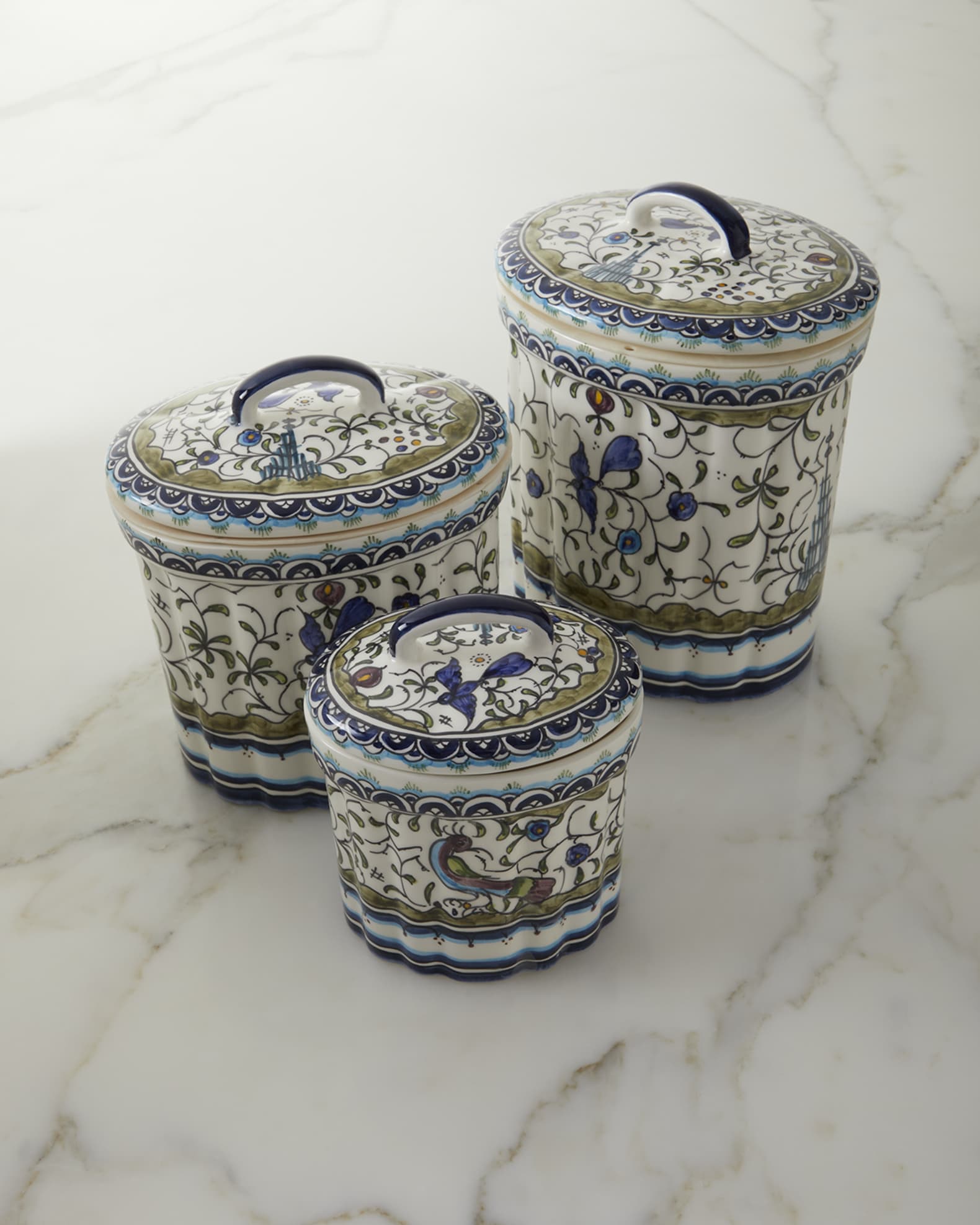 Neiman Marcus Blue and Green Pavoe Canisters, Set of 3 Horchow
