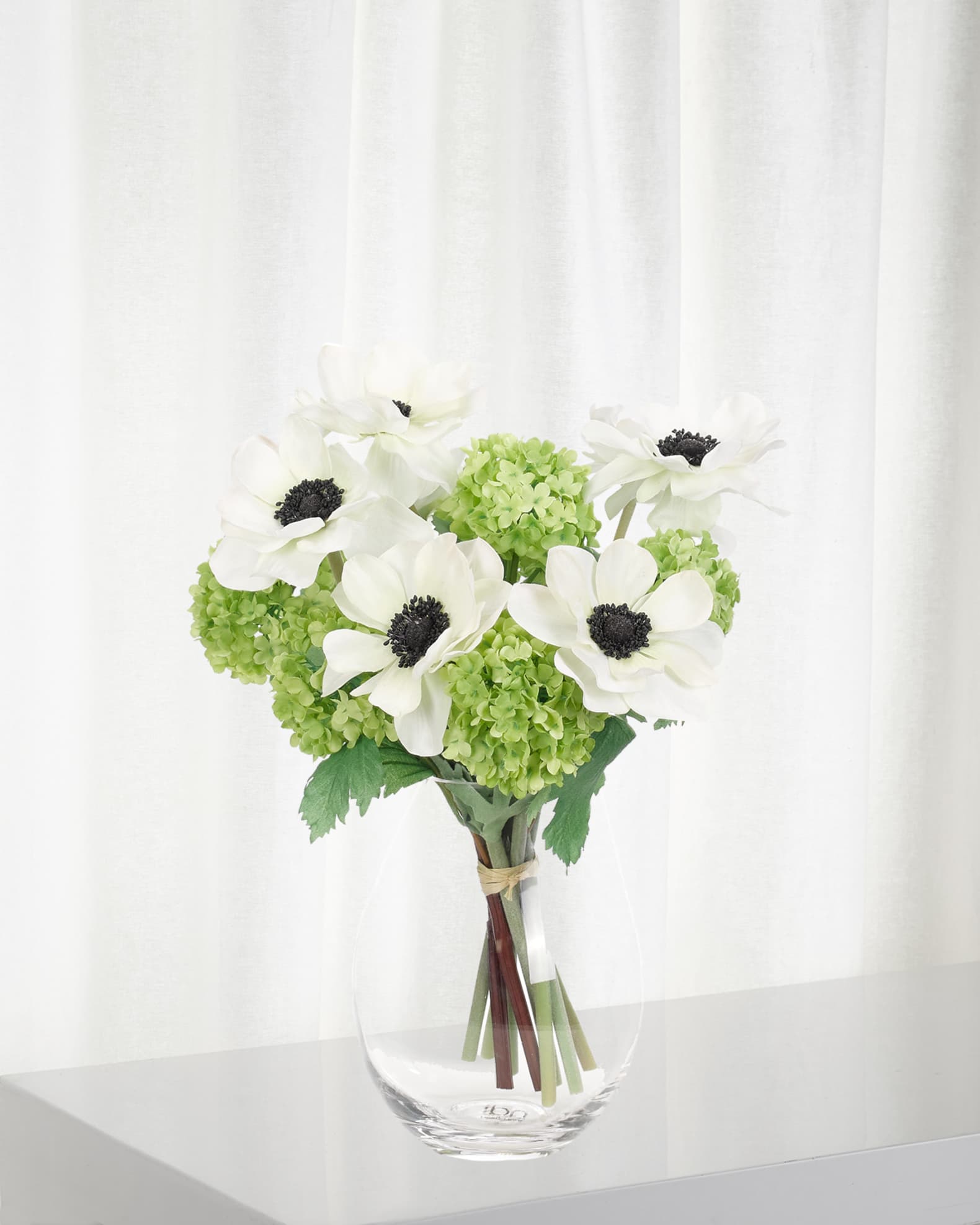 NDI Faux Anemone Snowball Floral Arrangement in Glass Vase