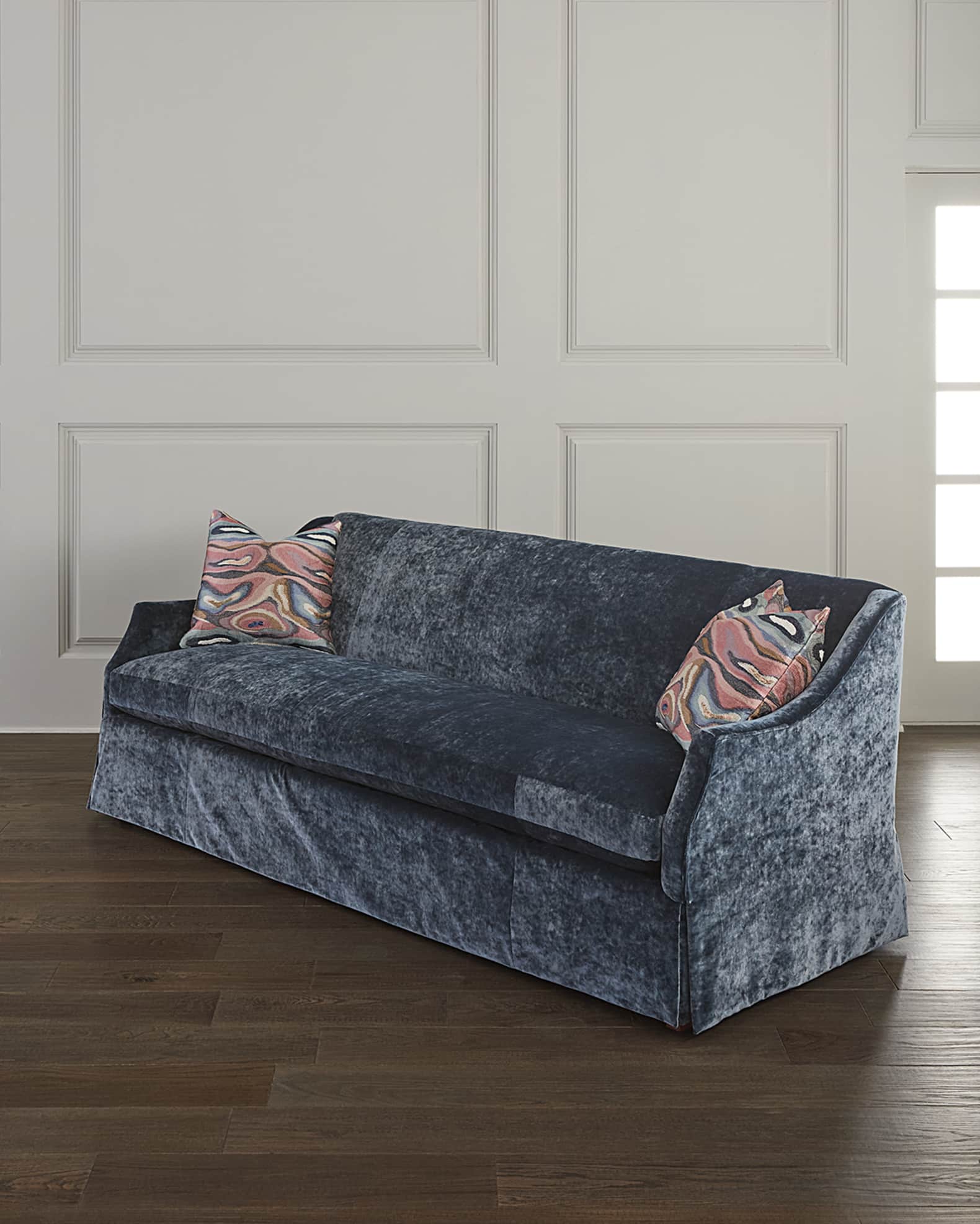Velvet skirted sofa outlet