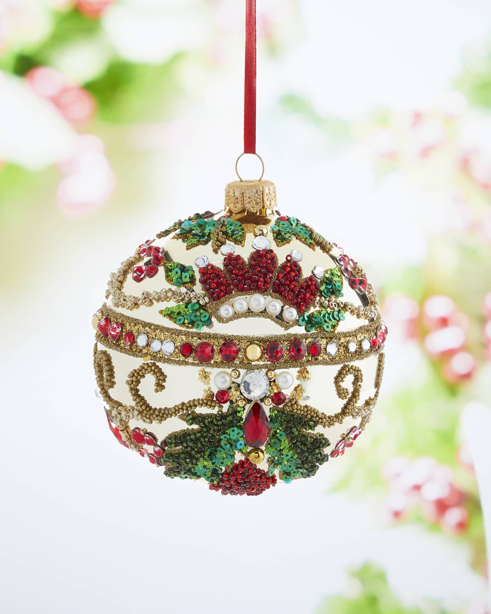 Neiman Marcus Gold Beaded Glass Ornament with Crystal Stripe Horchow