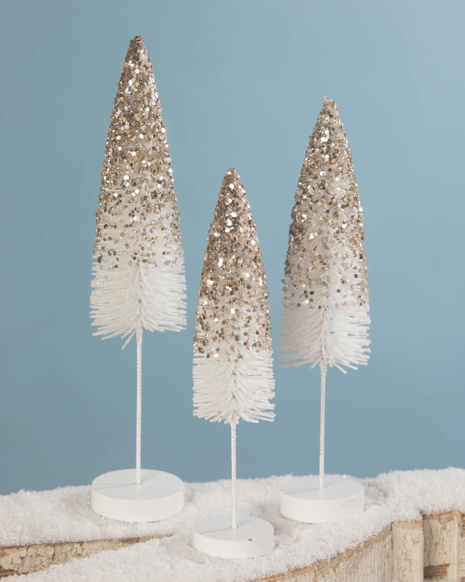 Bethany Lowe Platinum Glitter Bottle Brush Christmas Trees, Set of 3