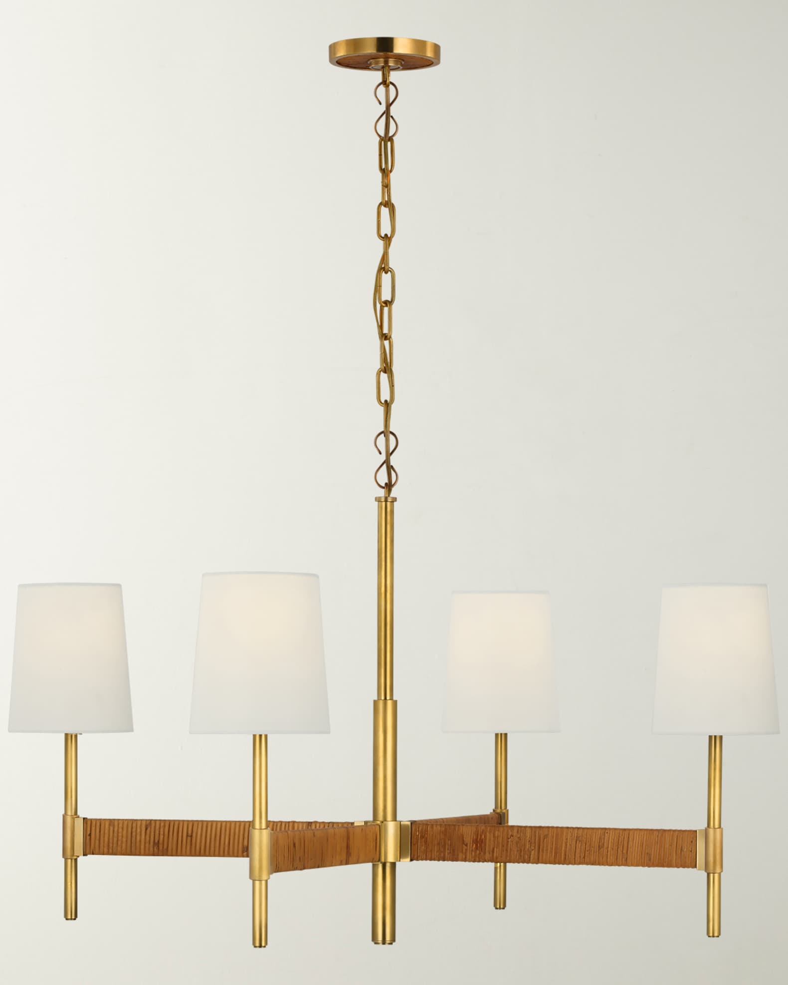 Visual Comfort Signature Elle Large Chandelier In Hand Rubbed Antique Brass And Dark Rattan With Linen Shades By Suzanne Kasler
