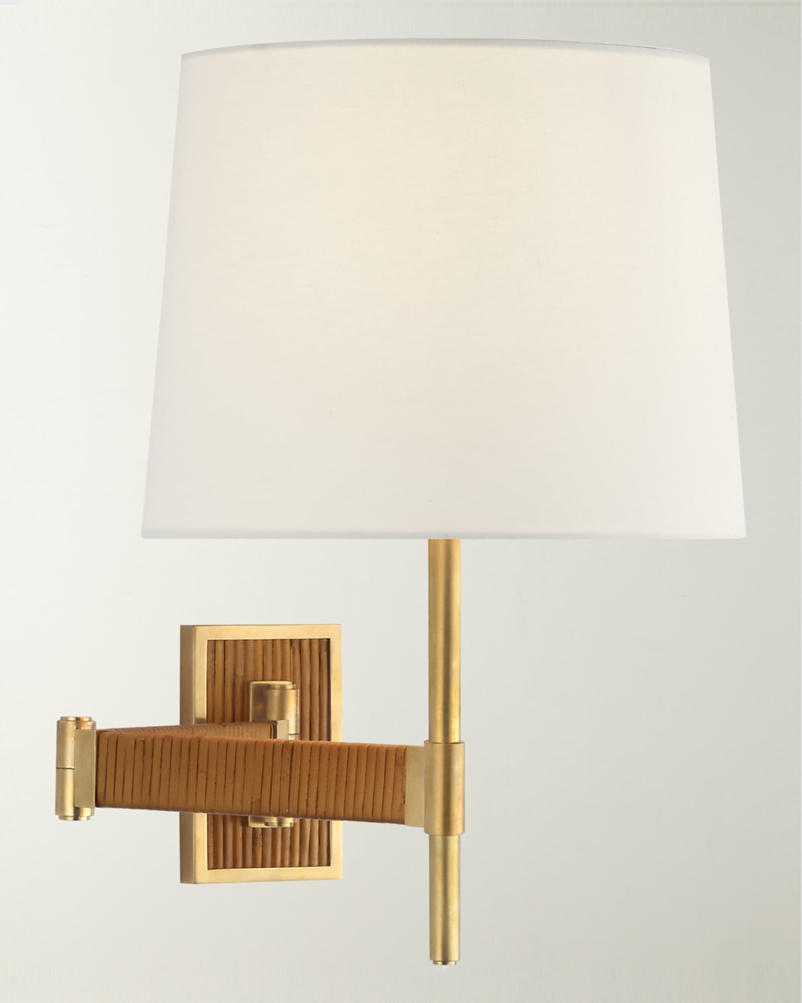 Visual Comfort Signature Elle Swing Arm Sconce In Hand-Rubbed Antique Brass  And Dark Rattan With Linen Shade By Suzanne Kasler