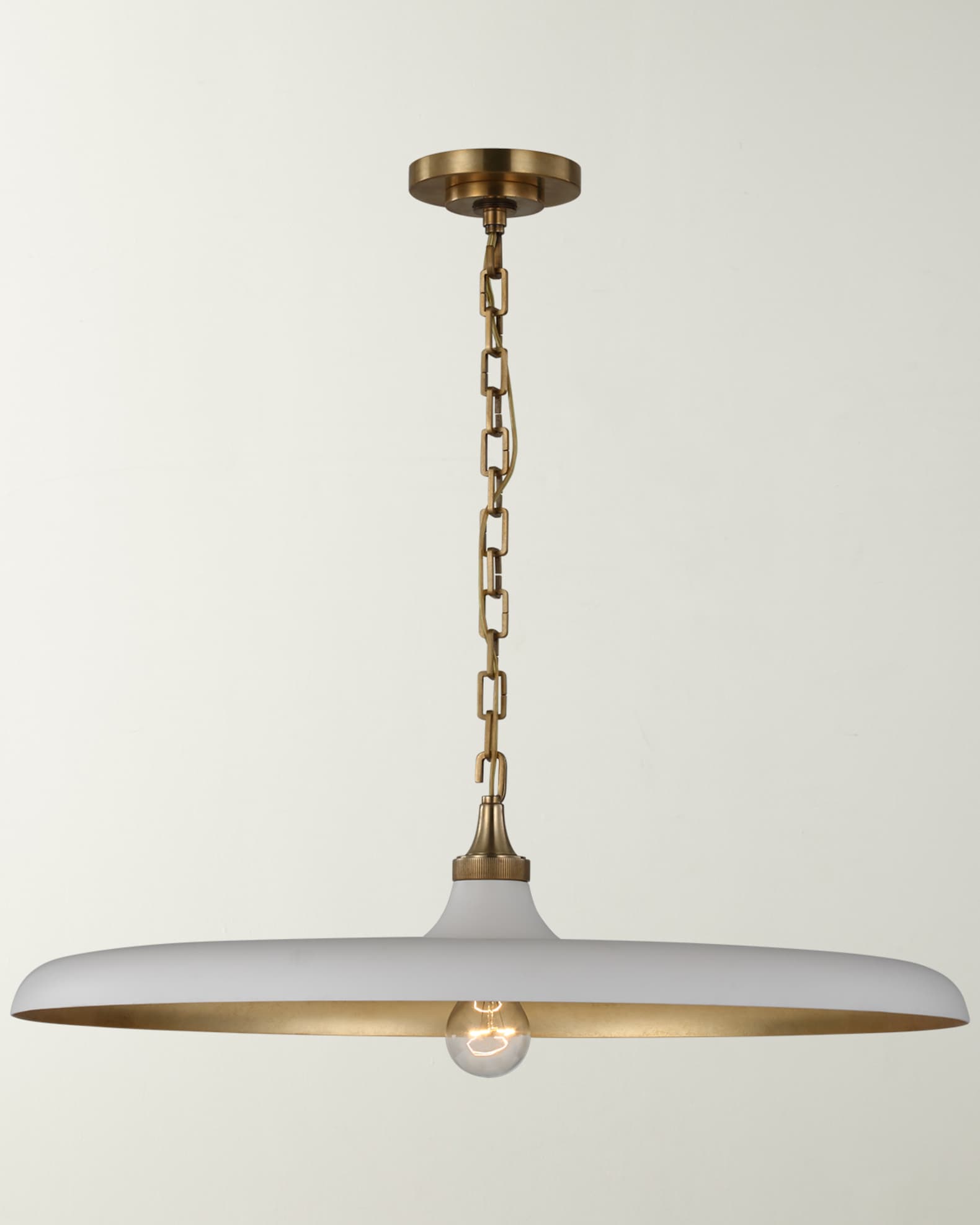 Visual Comfort Signature Piatto Large Pendant In Hand-Rubbed Antique Brass  With Plaster White Shade By Thomas O'Brien